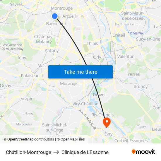 Châtillon-Montrouge to Clinique de L'Essonne map