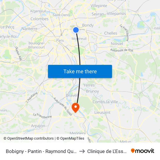 Bobigny - Pantin - Raymond Queneau to Clinique de L'Essonne map