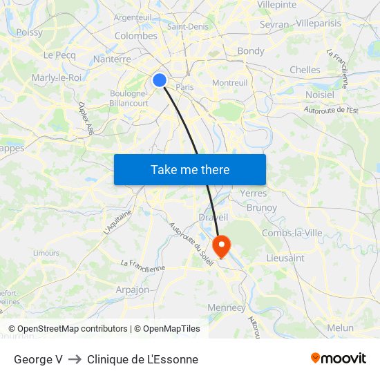 George V to Clinique de L'Essonne map