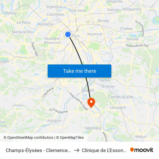 Champs-Élysées - Clemenceau to Clinique de L'Essonne map