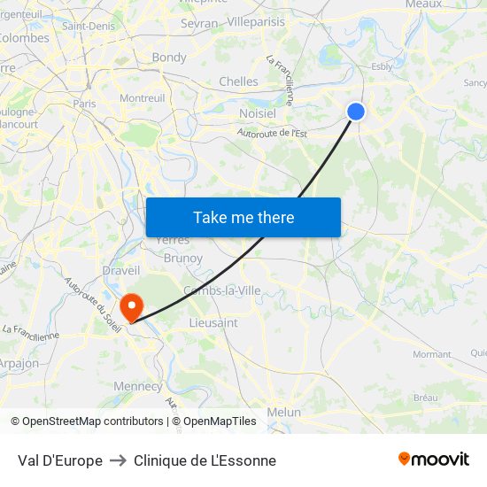 Val D'Europe to Clinique de L'Essonne map