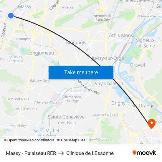 Massy - Palaiseau RER to Clinique de L'Essonne map