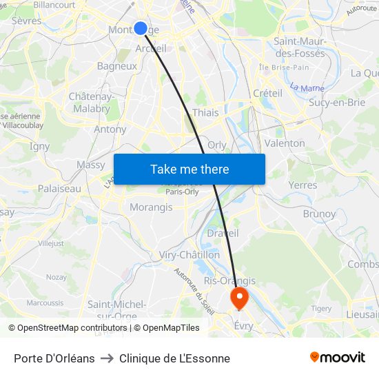 Porte D'Orléans to Clinique de L'Essonne map