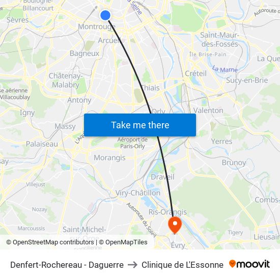 Denfert-Rochereau - Daguerre to Clinique de L'Essonne map