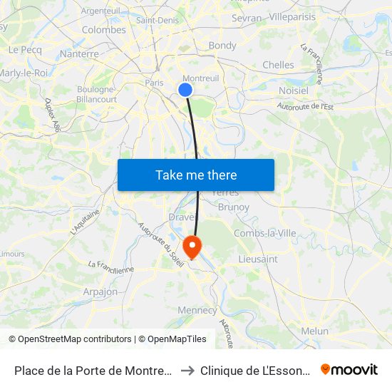 Place de la Porte de Montreuil to Clinique de L'Essonne map