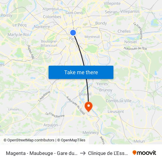 Magenta - Maubeuge - Gare du Nord to Clinique de L'Essonne map