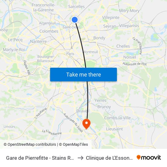 Gare de Pierrefitte - Stains RER to Clinique de L'Essonne map