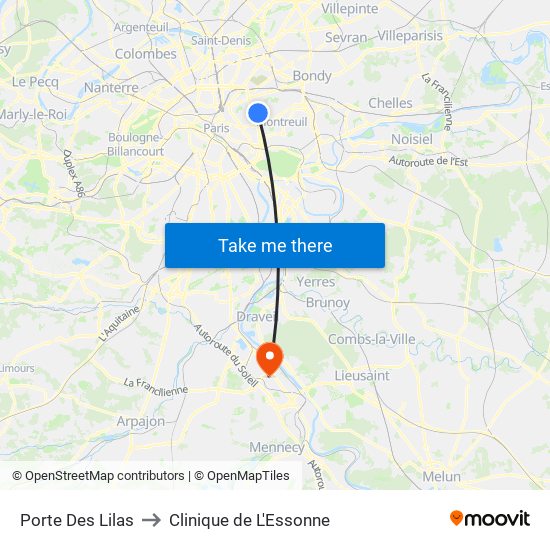 Porte Des Lilas to Clinique de L'Essonne map