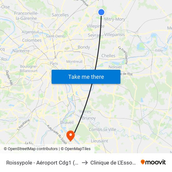 Roissypole - Aéroport Cdg1 (G1) to Clinique de L'Essonne map
