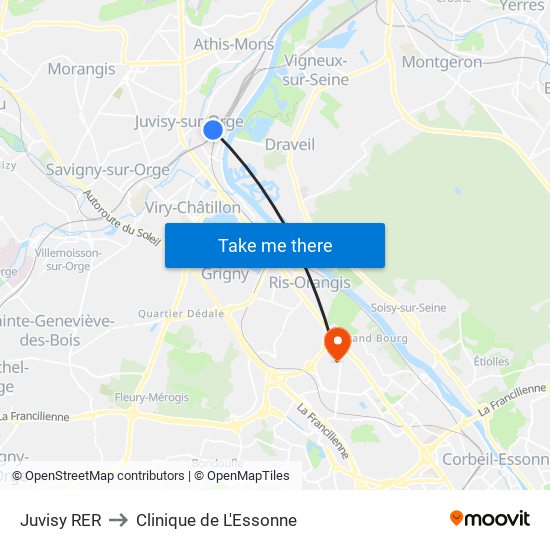 Juvisy RER to Clinique de L'Essonne map