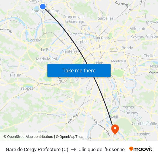 Gare de Cergy Préfecture (C) to Clinique de L'Essonne map
