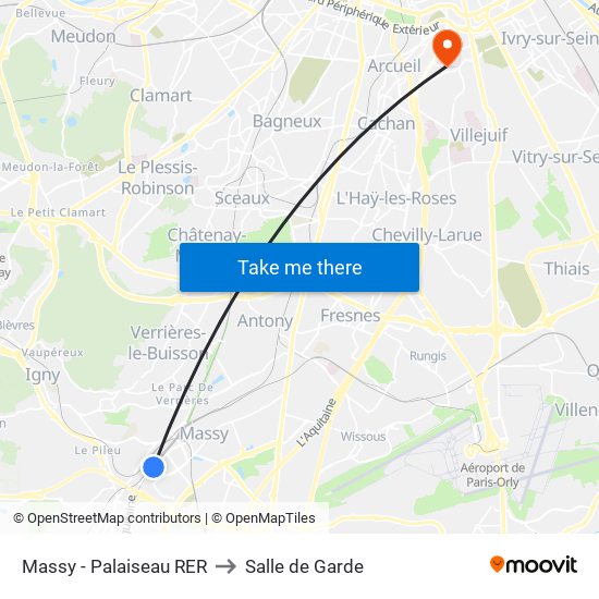 Massy - Palaiseau RER to Salle de Garde map