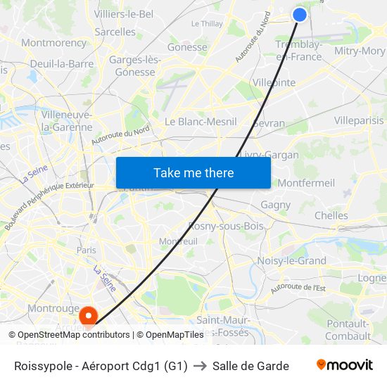Roissypole - Aéroport Cdg1 (G1) to Salle de Garde map
