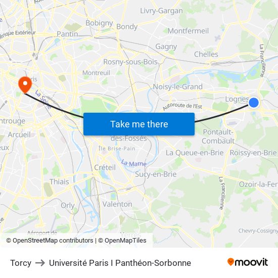 Torcy to Université Paris I Panthéon-Sorbonne map