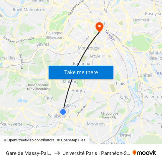 Gare de Massy-Palaiseau to Université Paris I Panthéon-Sorbonne map