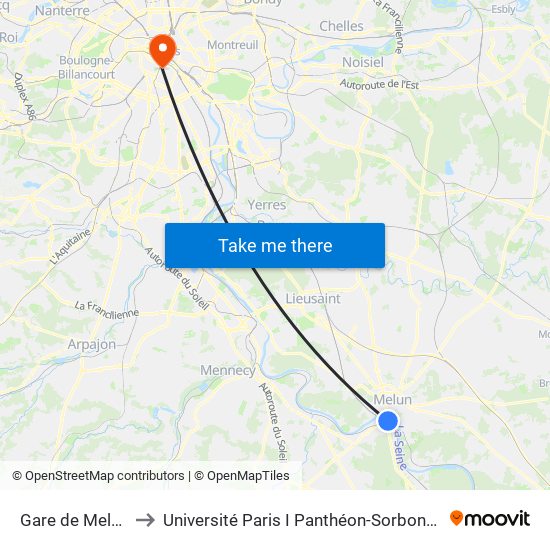 Gare de Melun to Université Paris I Panthéon-Sorbonne map