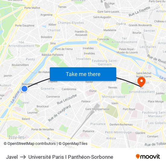 Javel to Université Paris I Panthéon-Sorbonne map