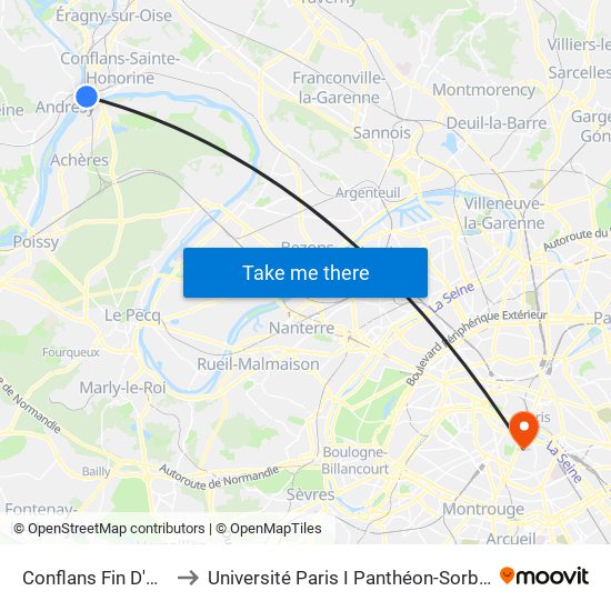 Conflans Fin D'Oise to Université Paris I Panthéon-Sorbonne map