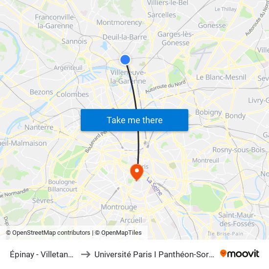 Épinay - Villetaneuse to Université Paris I Panthéon-Sorbonne map