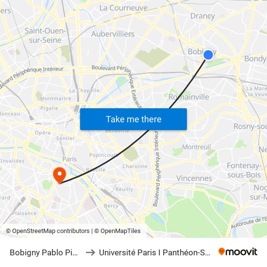 Bobigny Pablo Picasso to Université Paris I Panthéon-Sorbonne map