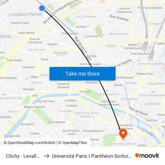 Clichy - Levallois to Université Paris I Panthéon-Sorbonne map