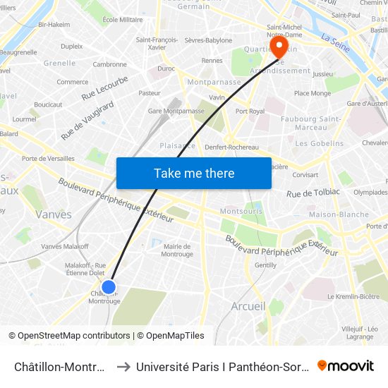 Châtillon-Montrouge to Université Paris I Panthéon-Sorbonne map
