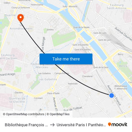 Bibliothèque François Mitterrand to Université Paris I Panthéon-Sorbonne map