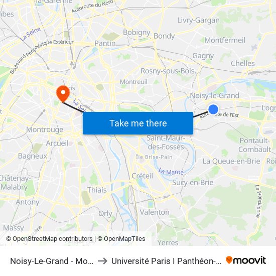 Noisy-Le-Grand - Mont D'Est to Université Paris I Panthéon-Sorbonne map