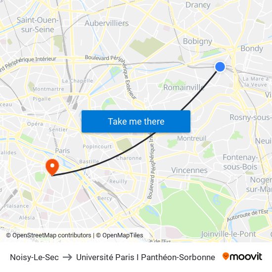 Noisy-Le-Sec to Université Paris I Panthéon-Sorbonne map