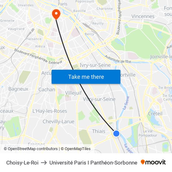 Choisy-Le-Roi to Université Paris I Panthéon-Sorbonne map