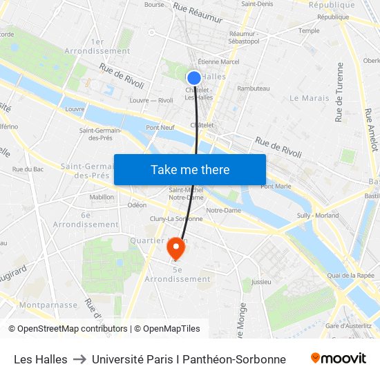 Les Halles to Université Paris I Panthéon-Sorbonne map