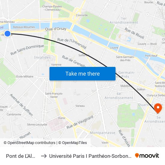 Pont de L'Alma to Université Paris I Panthéon-Sorbonne map