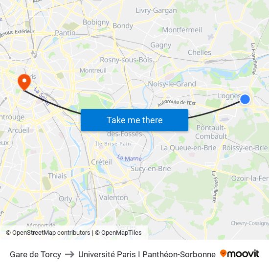 Gare de Torcy to Université Paris I Panthéon-Sorbonne map