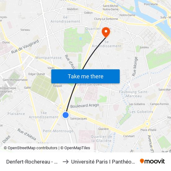 Denfert-Rochereau - Métro-Rer to Université Paris I Panthéon-Sorbonne map
