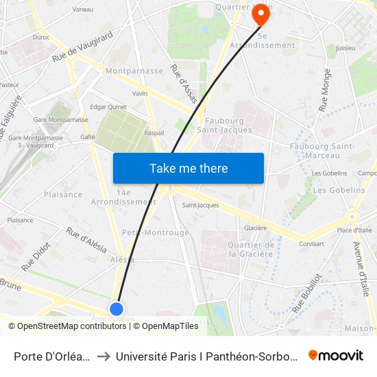 Porte D'Orléans to Université Paris I Panthéon-Sorbonne map