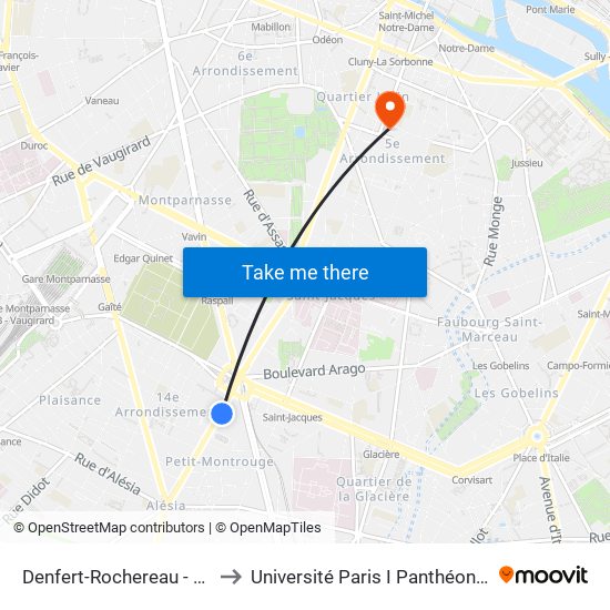 Denfert-Rochereau - Daguerre to Université Paris I Panthéon-Sorbonne map