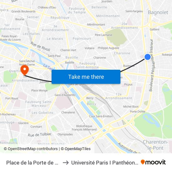 Place de la Porte de Montreuil to Université Paris I Panthéon-Sorbonne map