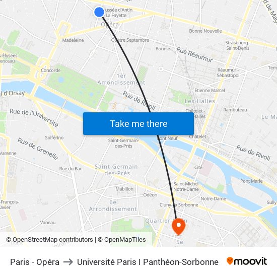 Paris - Opéra to Université Paris I Panthéon-Sorbonne map