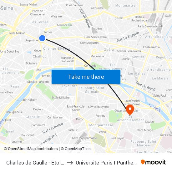 Charles de Gaulle - Étoile - Wagram to Université Paris I Panthéon-Sorbonne map