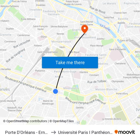 Porte D'Orléans - Ernest Reyer to Université Paris I Panthéon-Sorbonne map
