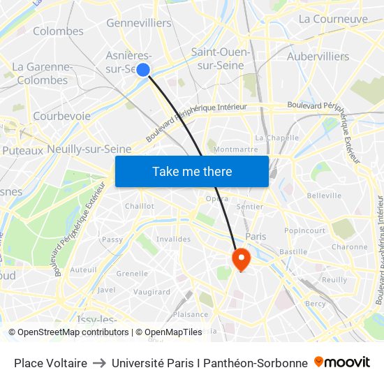 Place Voltaire to Université Paris I Panthéon-Sorbonne map