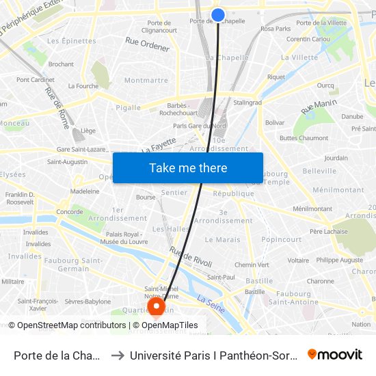 Porte de la Chapelle to Université Paris I Panthéon-Sorbonne map