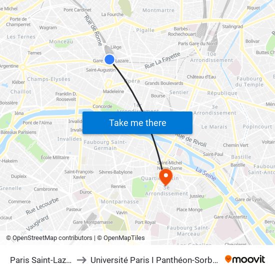 Paris Saint-Lazare to Université Paris I Panthéon-Sorbonne map