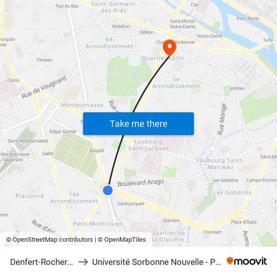 Denfert-Rochereau to Université Sorbonne Nouvelle - Paris 3 map