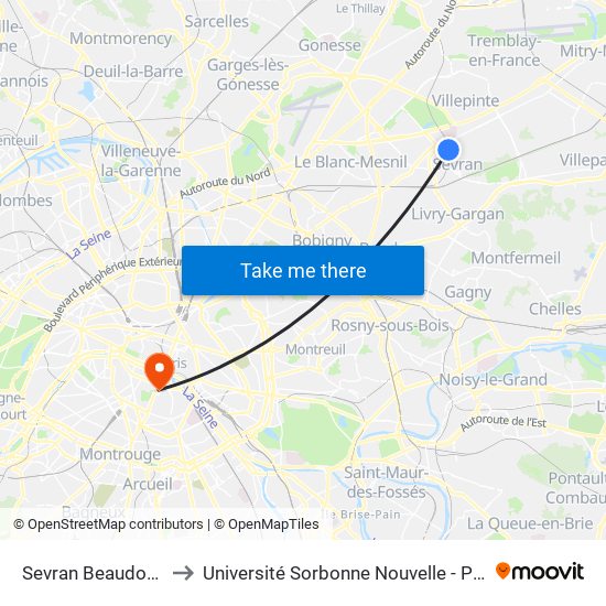 Sevran Beaudottes to Université Sorbonne Nouvelle - Paris 3 map