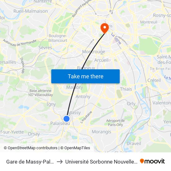 Gare de Massy-Palaiseau to Université Sorbonne Nouvelle - Paris 3 map