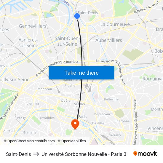 Saint-Denis to Université Sorbonne Nouvelle - Paris 3 map