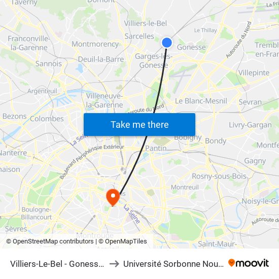 Villiers-Le-Bel - Gonesse - Arnouville to Université Sorbonne Nouvelle - Paris 3 map