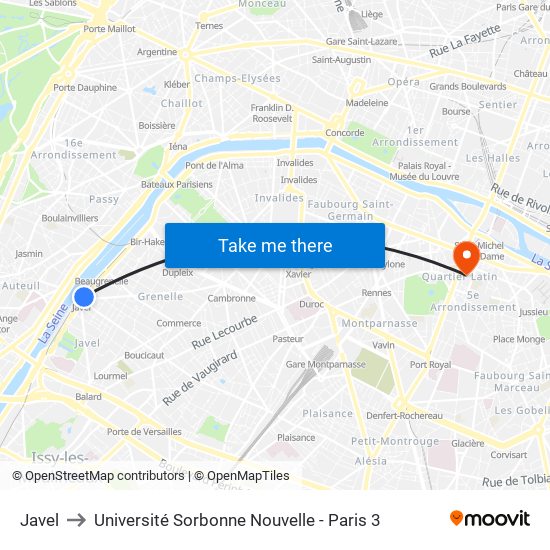 Javel to Université Sorbonne Nouvelle - Paris 3 map