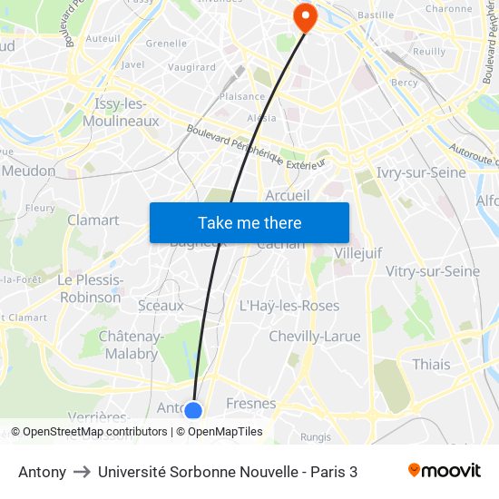 Antony to Université Sorbonne Nouvelle - Paris 3 map